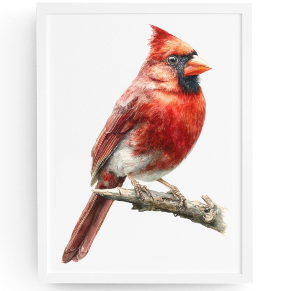 Watercolor Red Cardinal Bird Portrait Wall Art Print Unframed